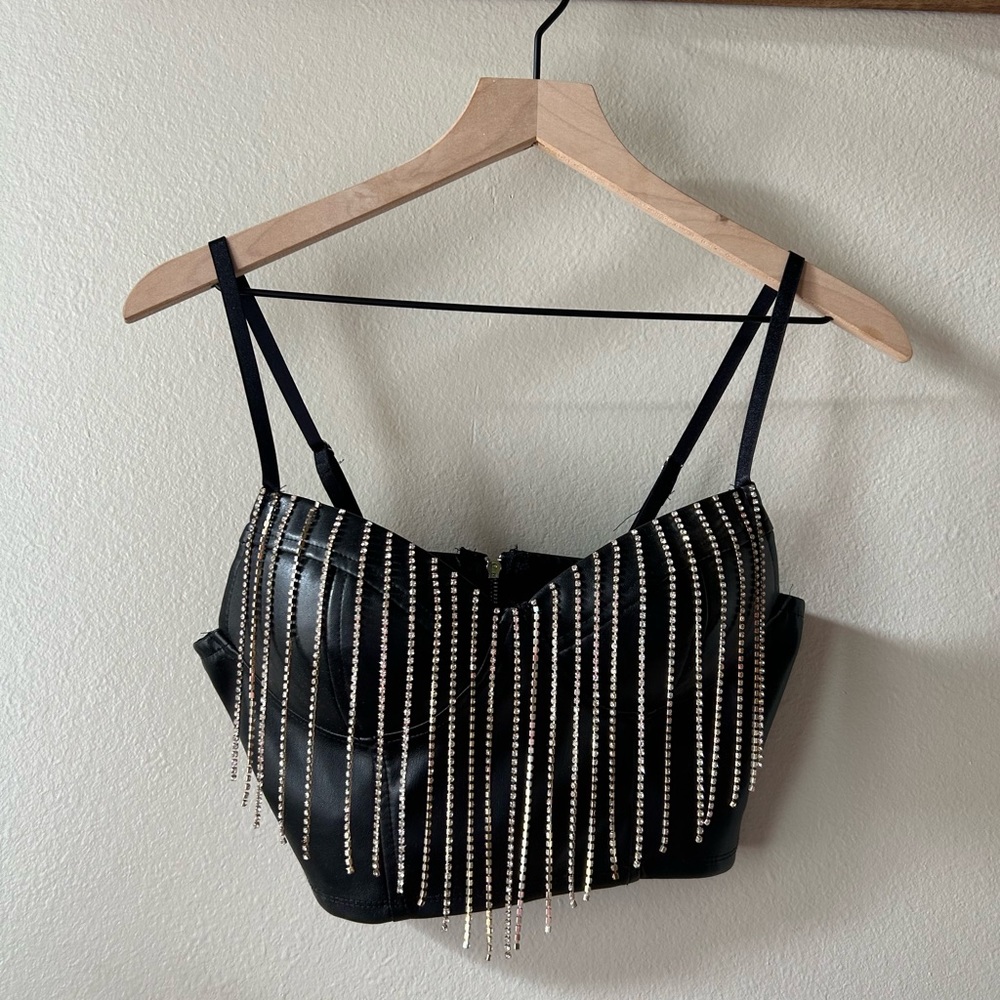 Leather rhinestone fringe corset crop top